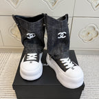 CHANEL 26S HIGH TOP PLATFORM SNEAKER BOOTS IN GREY DENIM