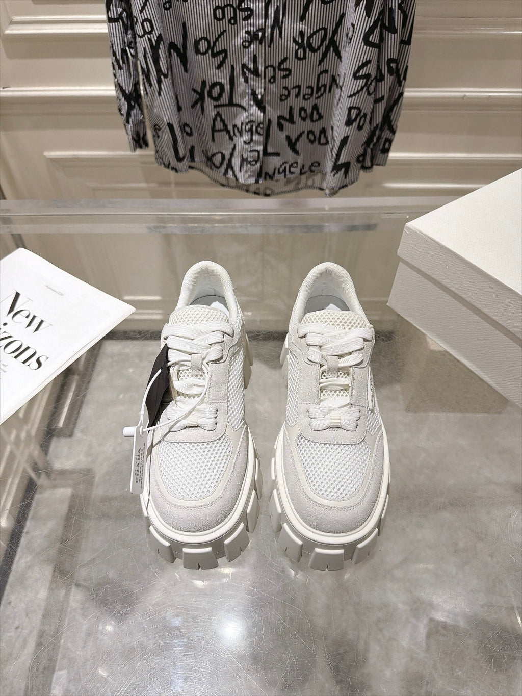 PRADA 26S GEAR SOLE SNEAKERS IN WHITE SUEDE AND MESH
